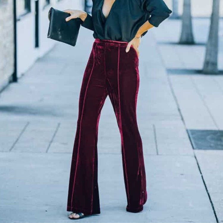 Dame flared bukser | Elegant velvet med høj talje
