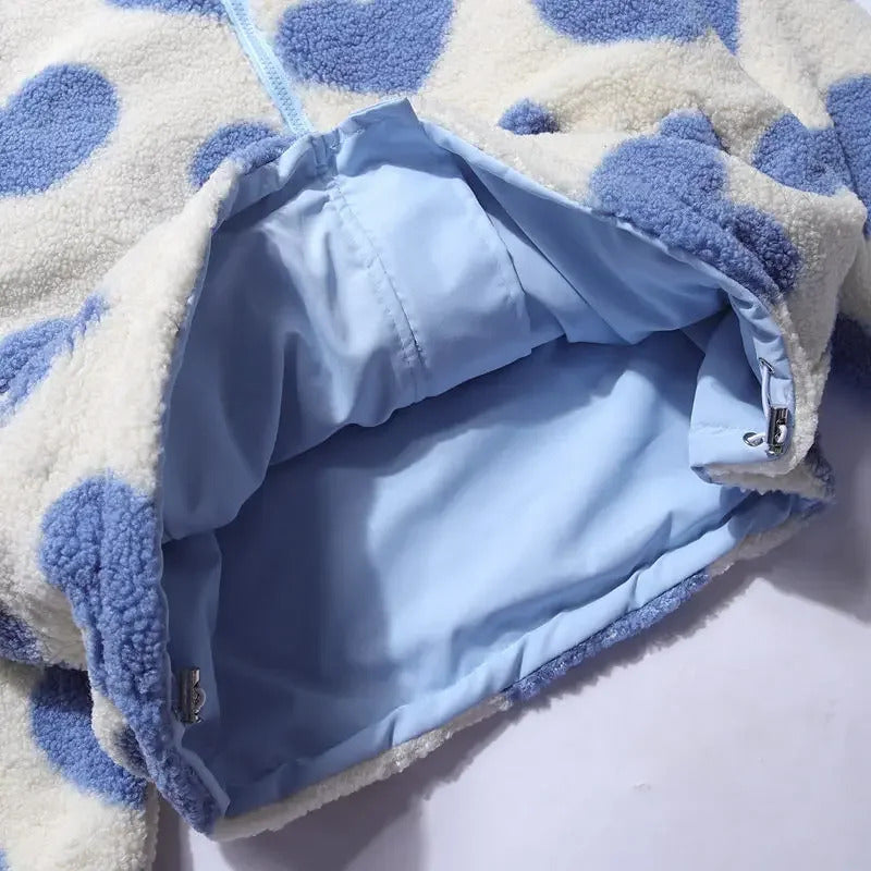 Dame jakke | Fleecejakke med lynlås og hjerteprint