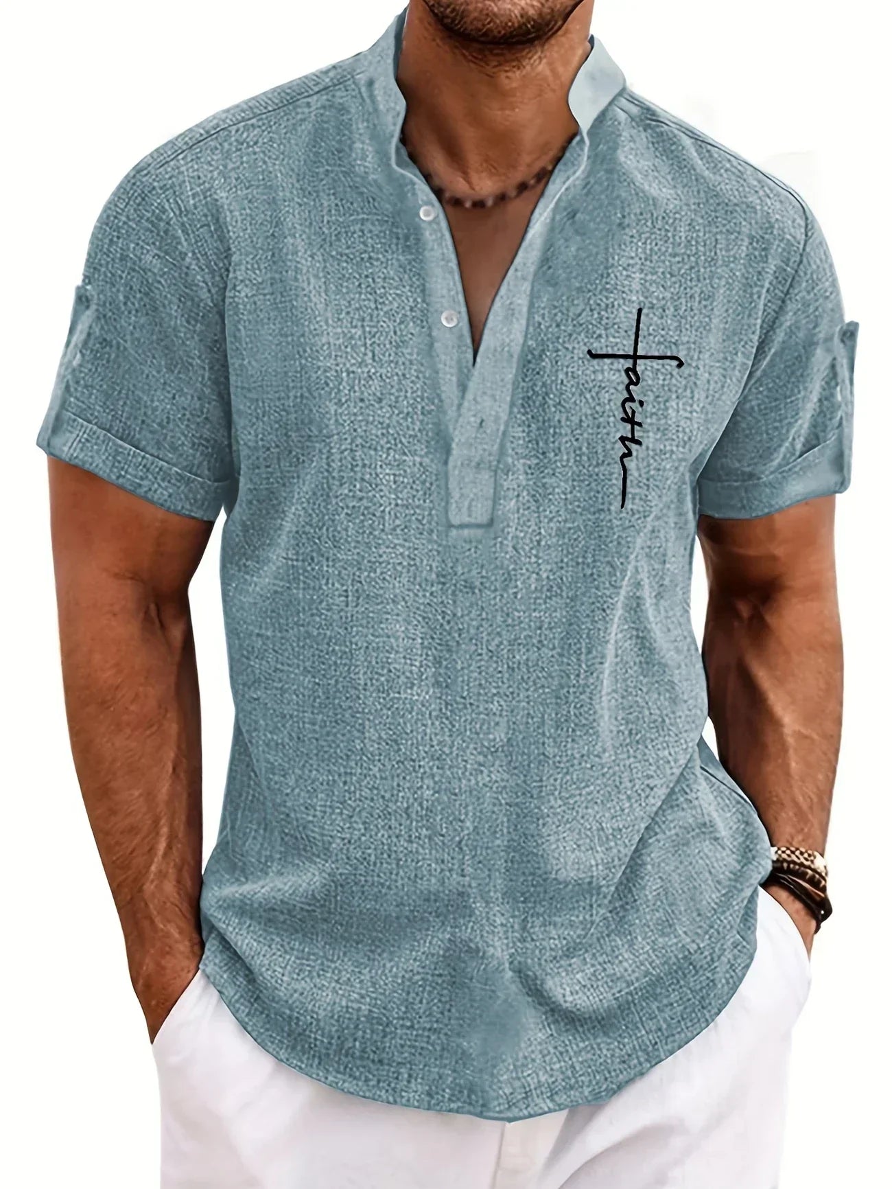 Skjorte herre | Henley shirt med korte ærmer og knapper