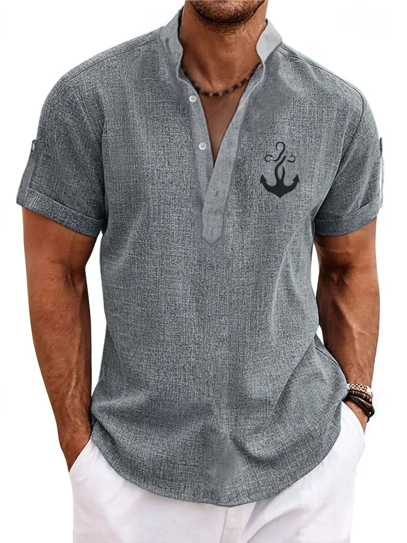 Skjorte herre | Henley shirt med korte ærmer og knapper