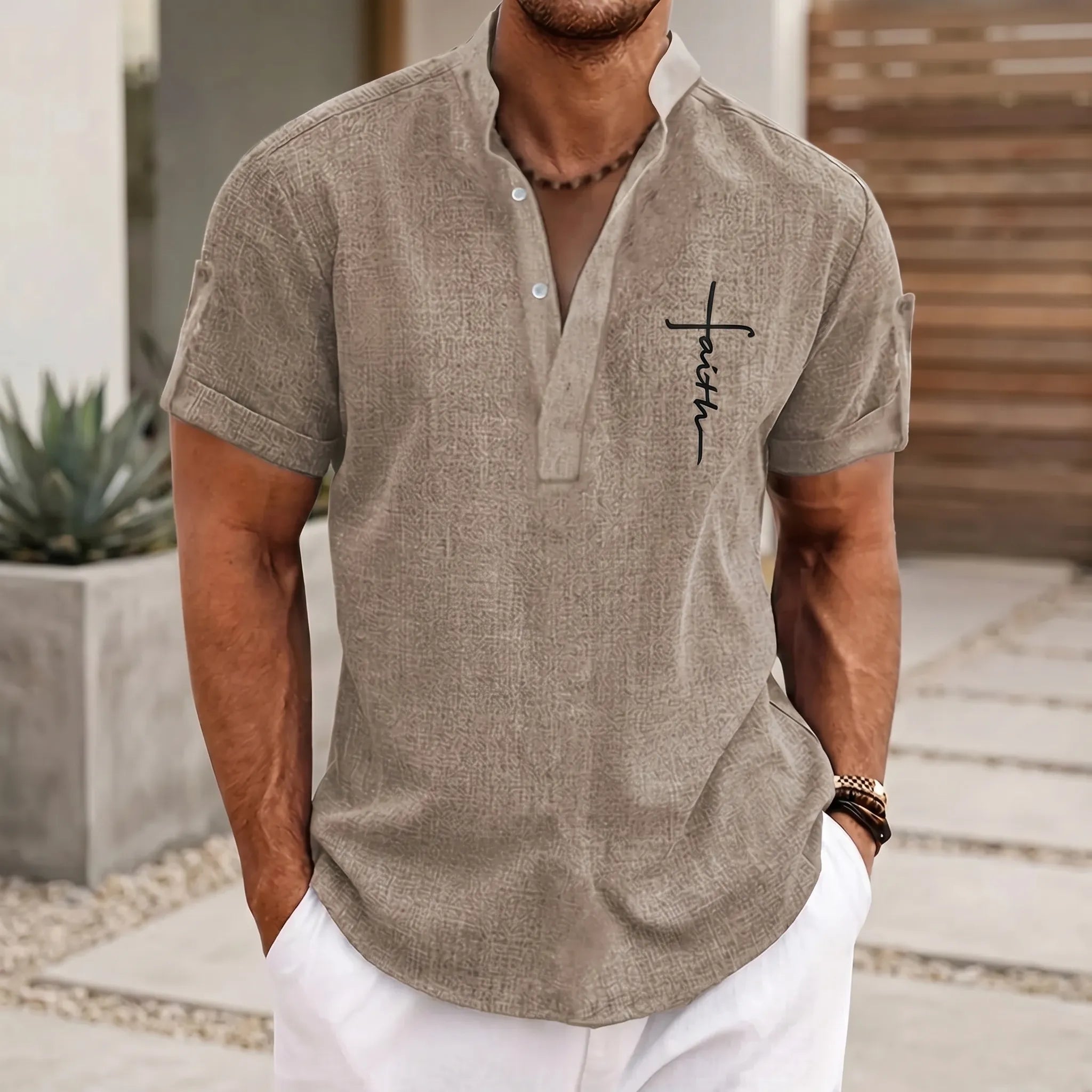 Skjorte herre | Henley shirt med korte ærmer og knapper