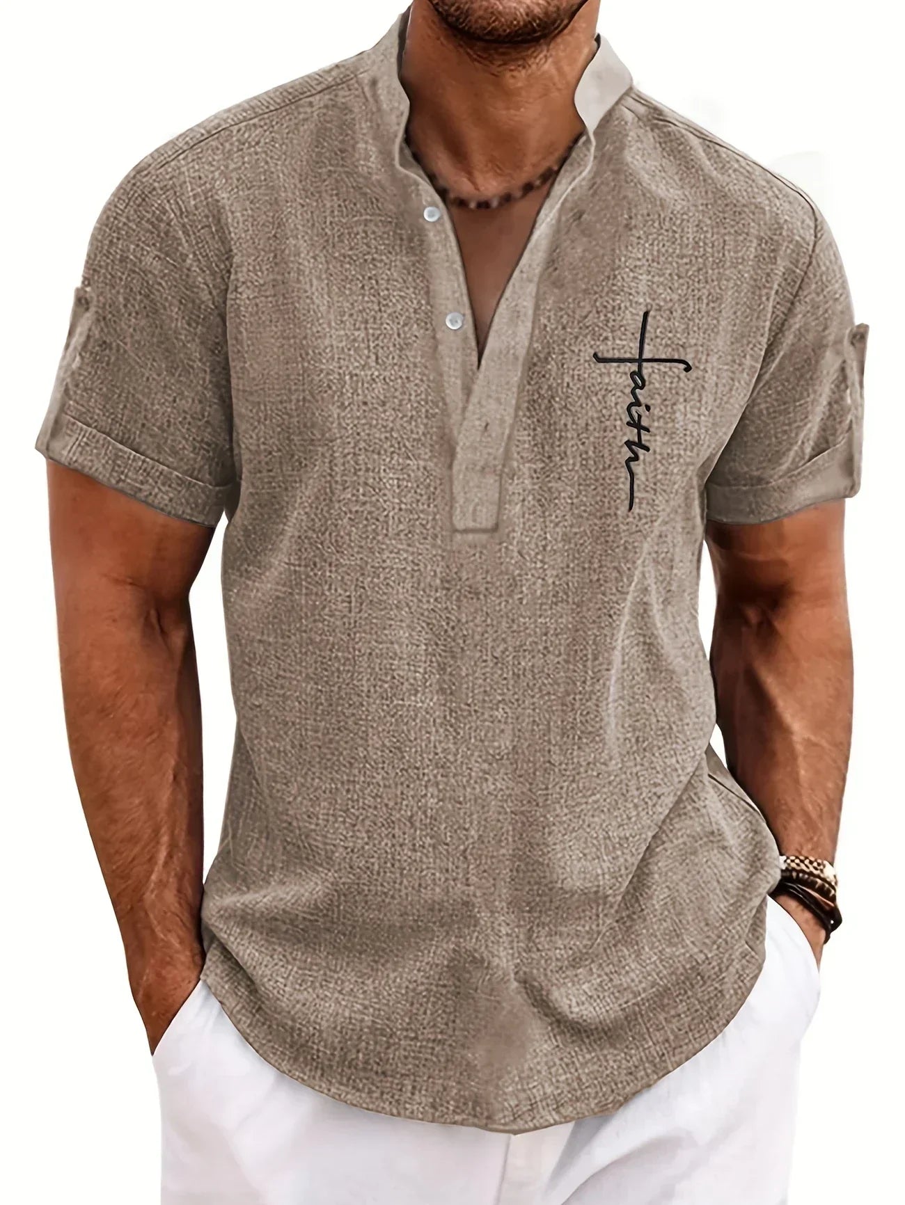 Skjorte herre | Henley shirt med korte ærmer og knapper
