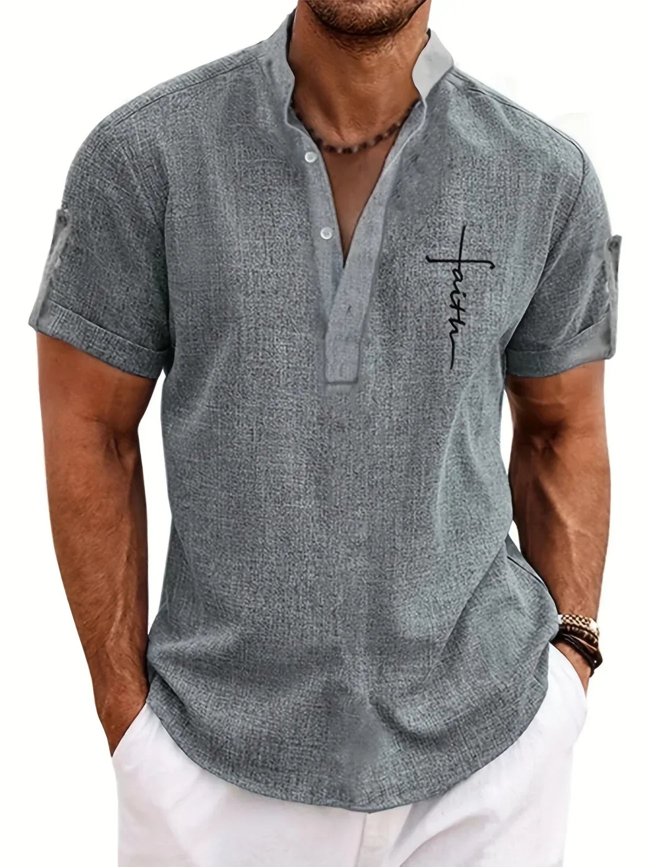 Skjorte herre | Henley shirt med korte ærmer og knapper