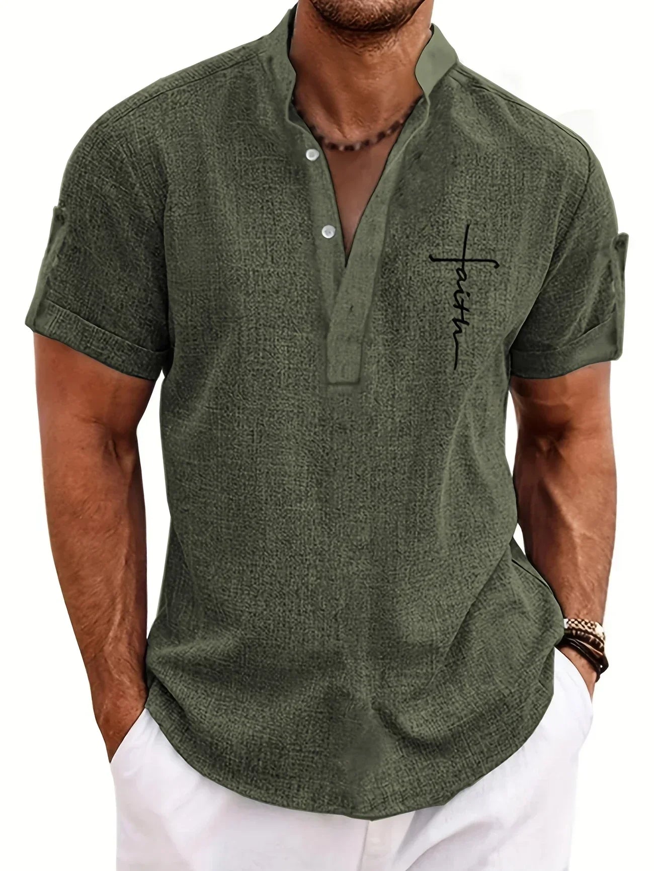 Skjorte herre | Henley shirt med korte ærmer og knapper