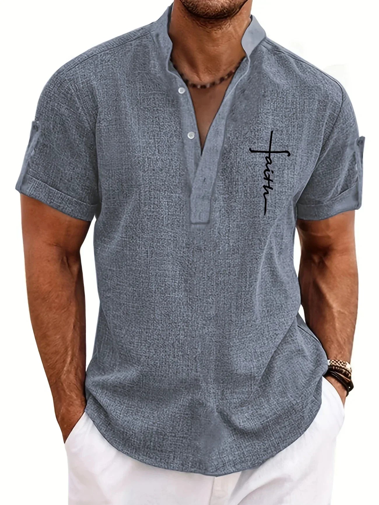 Skjorte herre | Henley shirt med korte ærmer og knapper