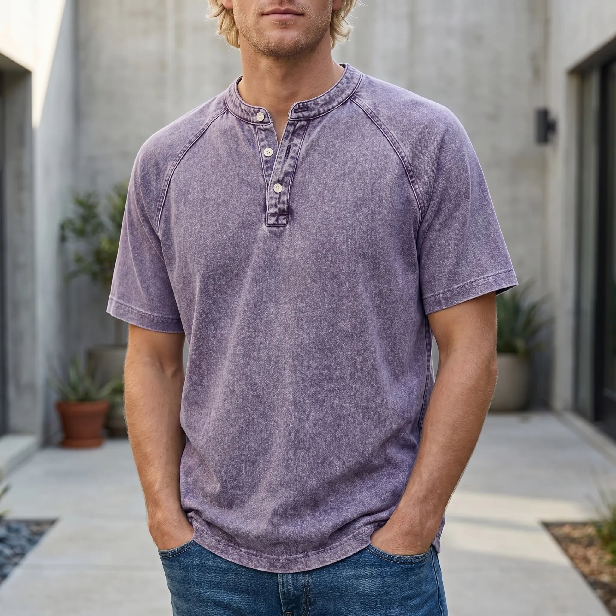 T shirt herre | Vintage henley med knapper