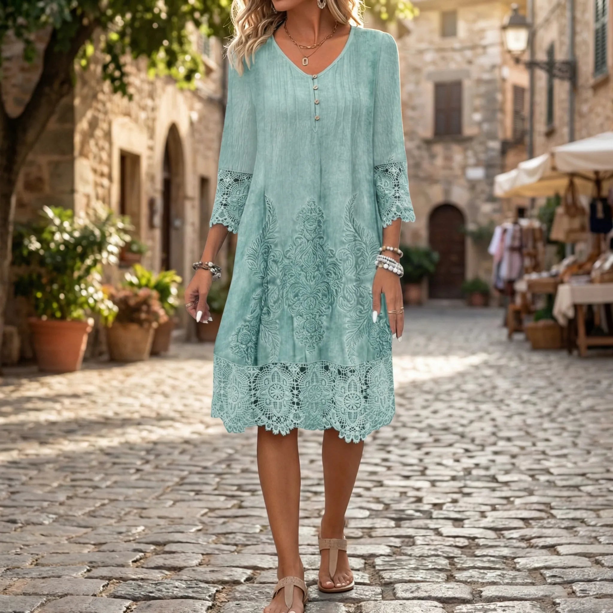 Tuniekkjole til damer | Broderet kjole med V-hals og blondekanter