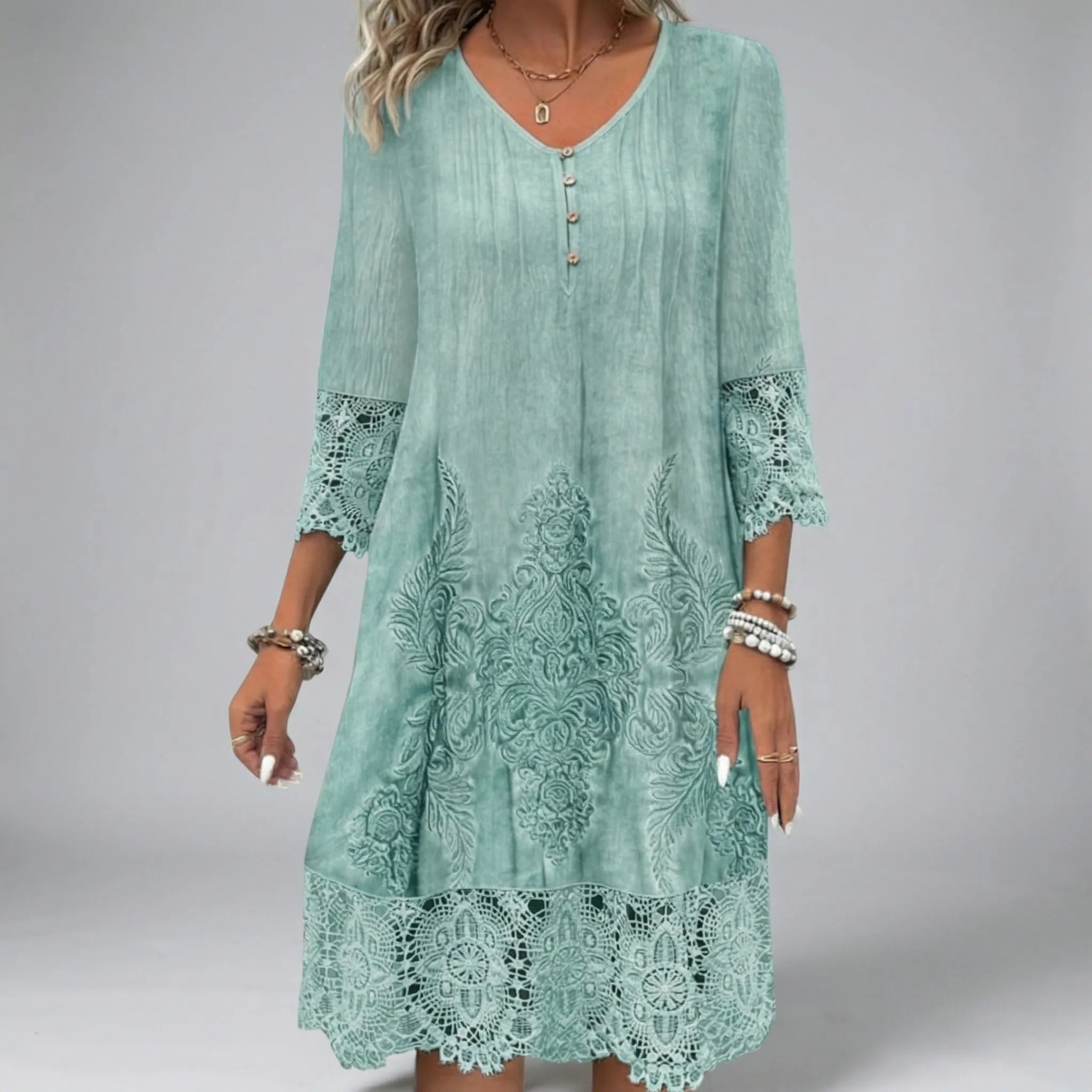 Tuniekkjole til damer | Broderet kjole med V-hals og blondekanter