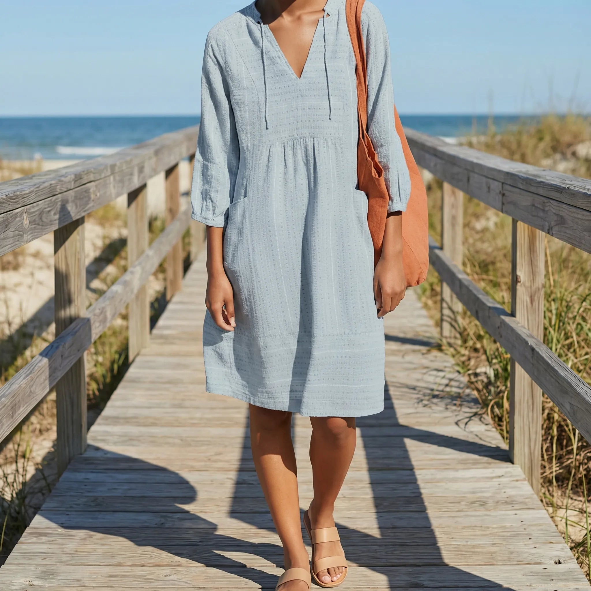 Tuniekkjole til kvinder | Let og luftig kjole med V-hals og lange ærmer