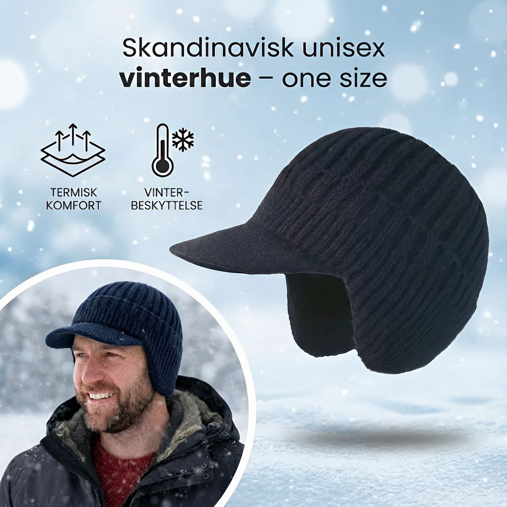 Skandinavisk unisex vinterhue med skygge og ørebeskyttelse – én størrelse