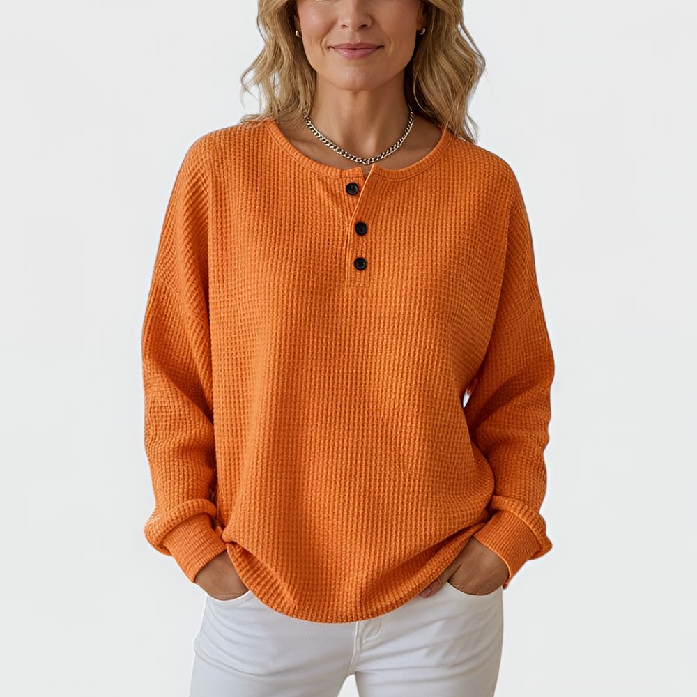 Vaffelstrikket hyggetrøje med knapper – dame