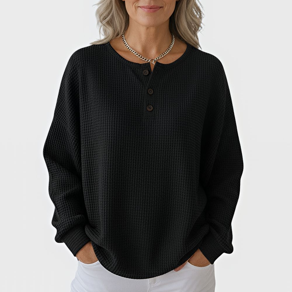 Vaffelstrikket hyggetrøje med knapper – dame