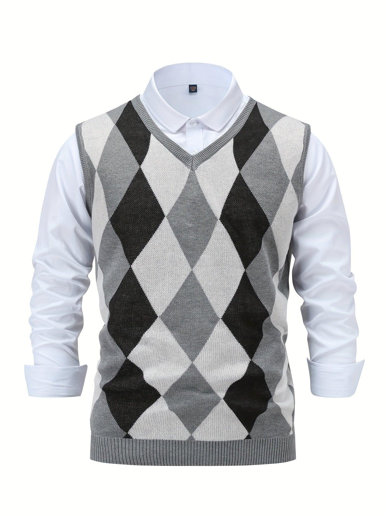 Herre pullover | Strikket v-hals sweater uden ærmer med ternet mønster