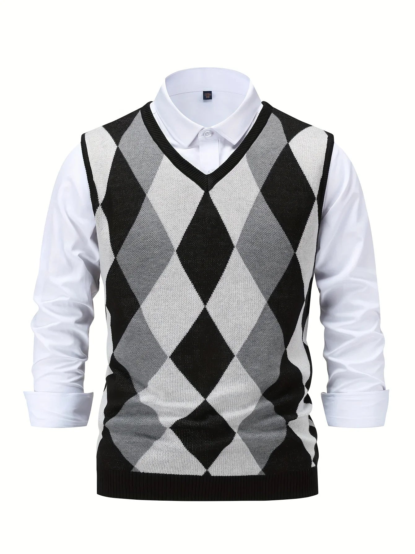 Herre pullover | Strikket v-hals sweater uden ærmer med ternet mønster