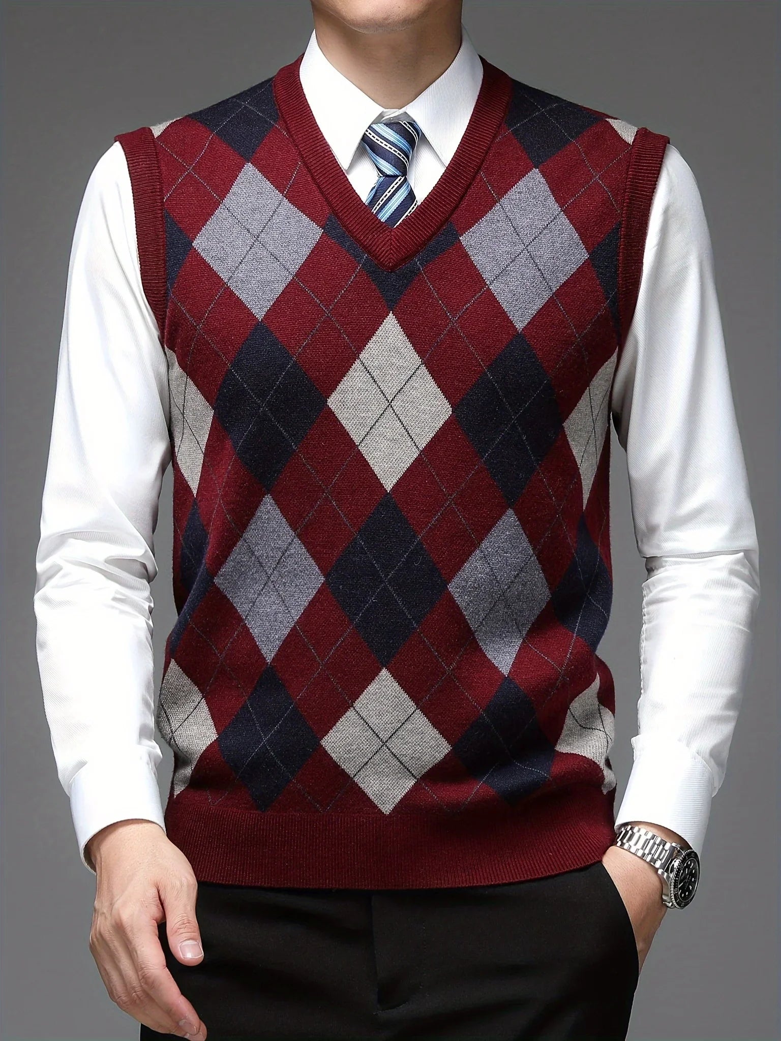Herre pullover | Argyle strikket vest uden ærmer v-hals