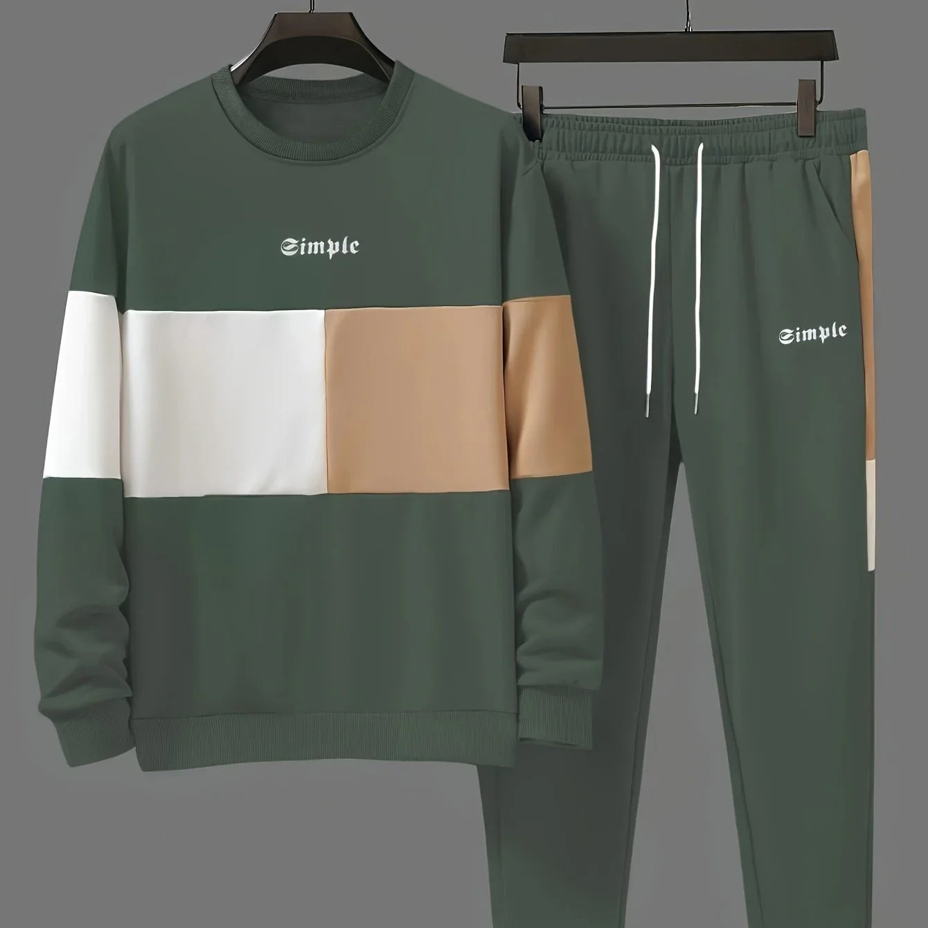 Herre træningsdragt | Beige colorblock sweater med joggingbukser