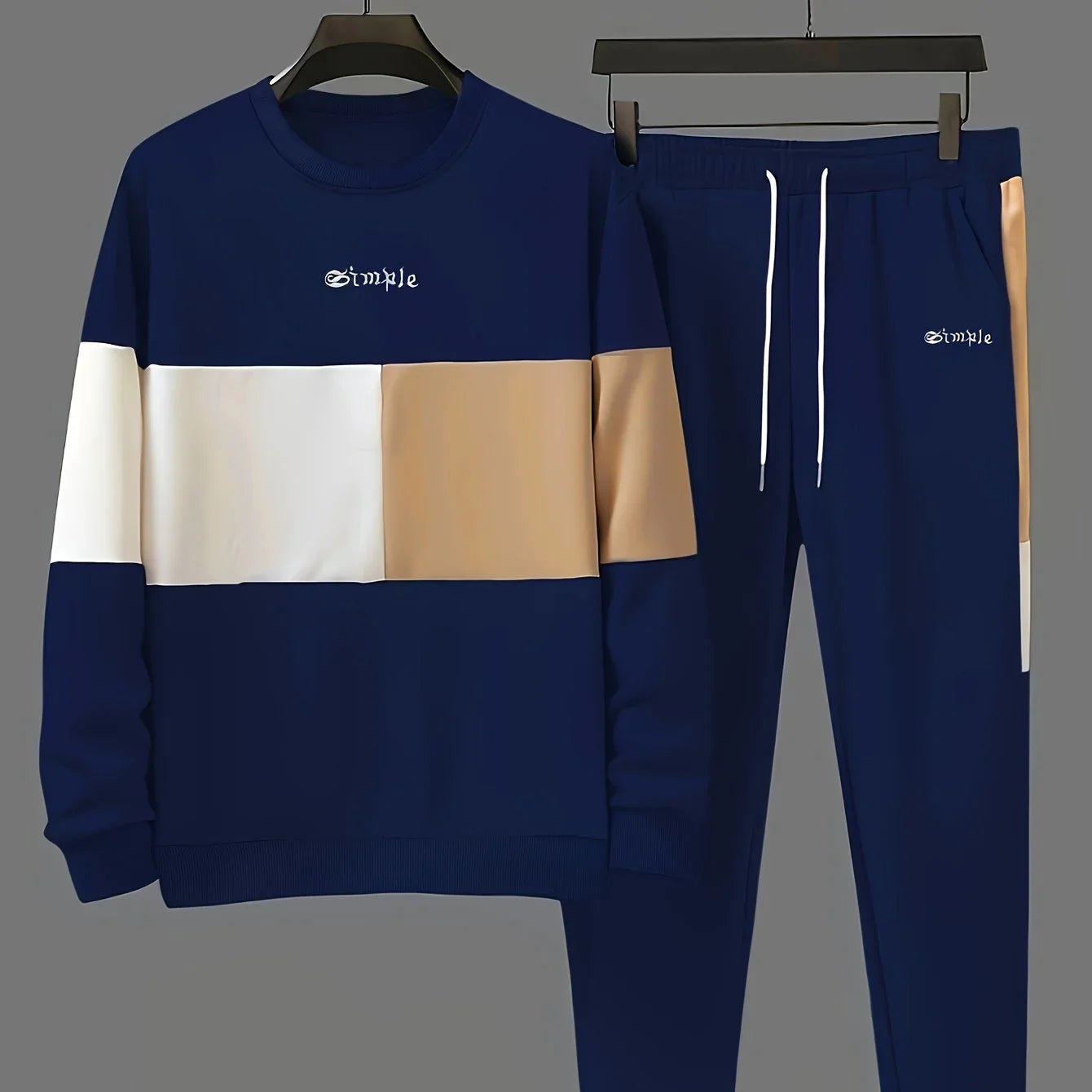 Herre træningsdragt | Beige colorblock sweater med joggingbukser