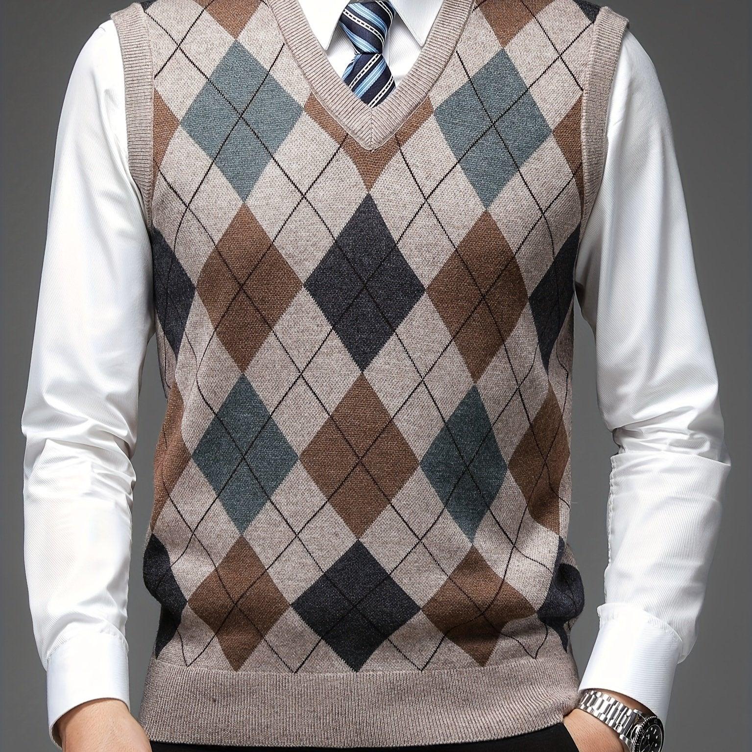 Herre pullover | Argyle strikket vest uden ærmer v-hals