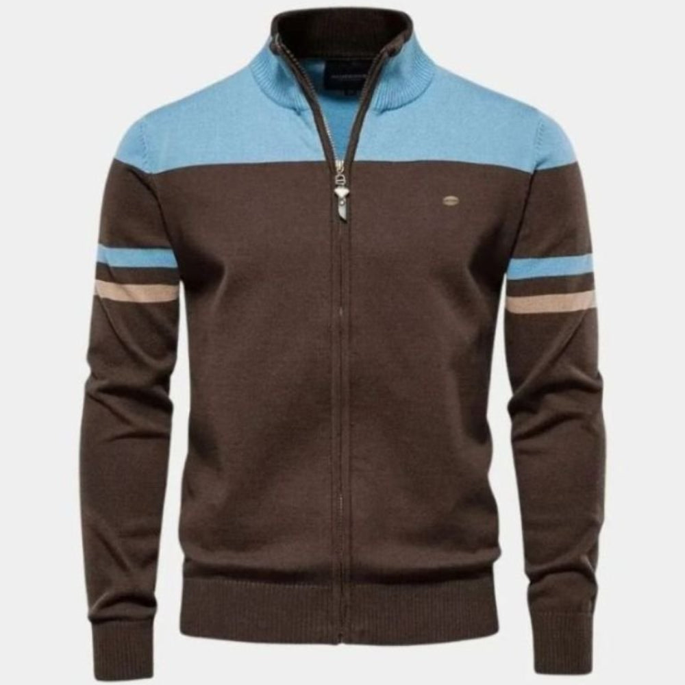 Strikket cardigan med lynlås og opretstående krave til mænd
