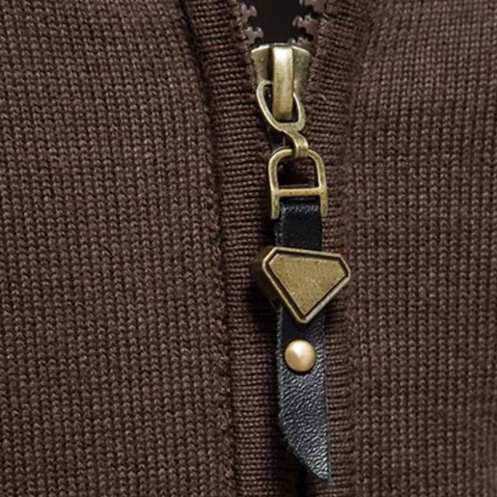 Strikket cardigan med lynlås og opretstående krave til mænd