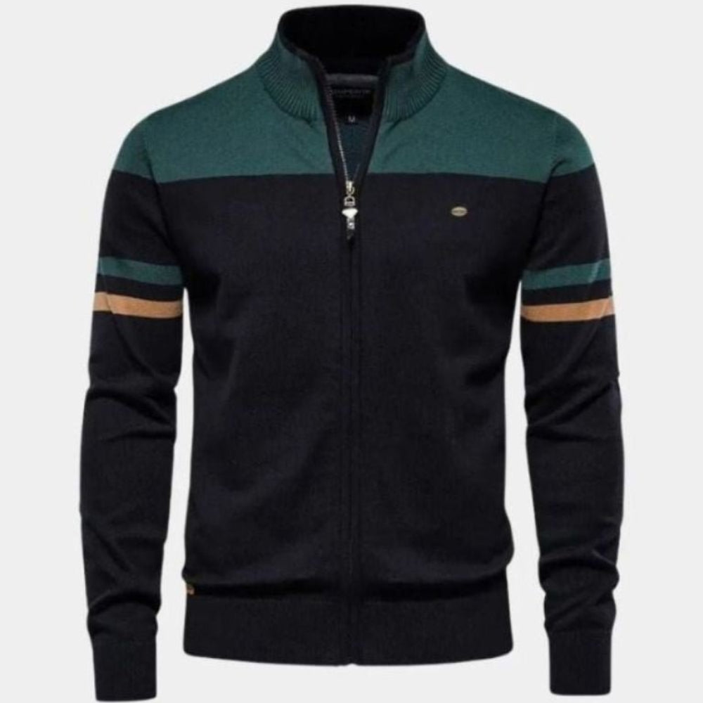 Strikket cardigan med lynlås og opretstående krave til mænd