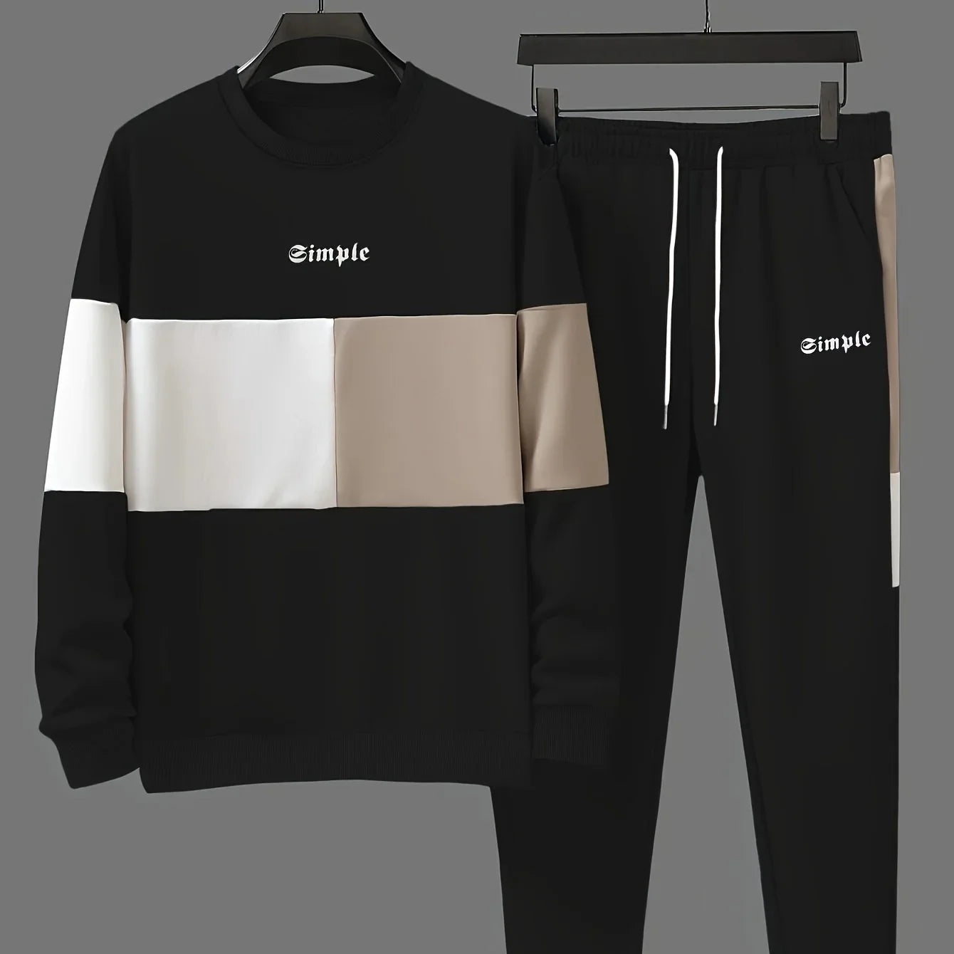 Herre træningsdragt | Beige colorblock sweater med joggingbukser