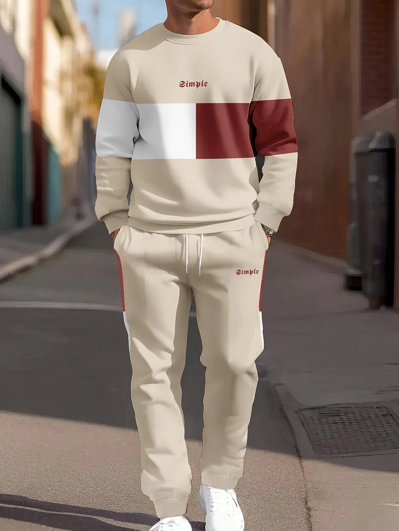Herre træningsdragt | Beige colorblock sweater med joggingbukser