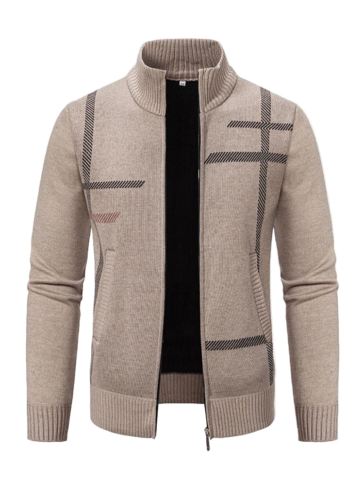 Strikket herre cardigan | Varmt vest med linjemønster