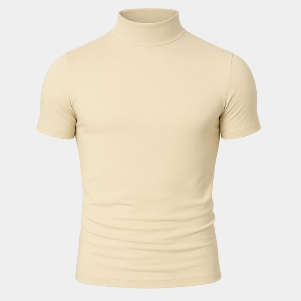 Ensfarvet kortærmet T-shirt med høj hals til mænd